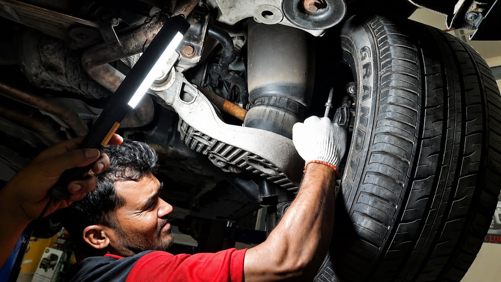 A technician inspecting a Range Rover air suspension strut under a raised vehicle with an inspection lamp